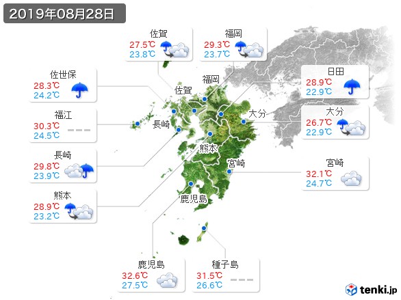 九州地方(2019年08月28日の天気