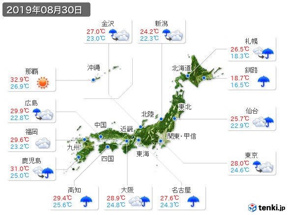 過去の天気 実況天気 19年08月30日 日本気象協会 Tenki Jp