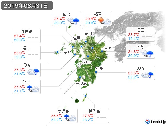 九州地方(2019年08月31日の天気