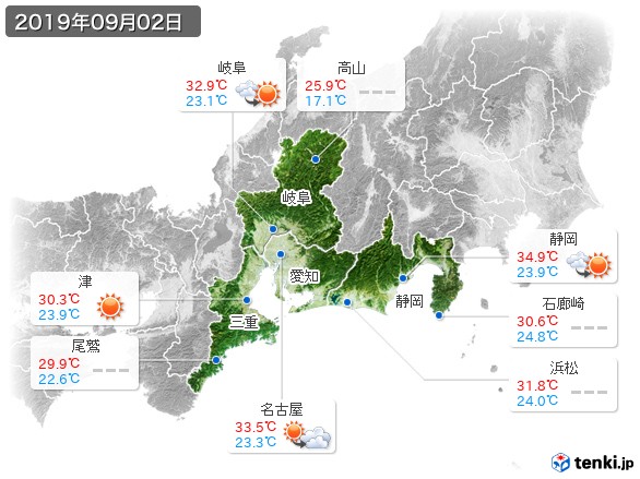 東海地方(2019年09月02日の天気