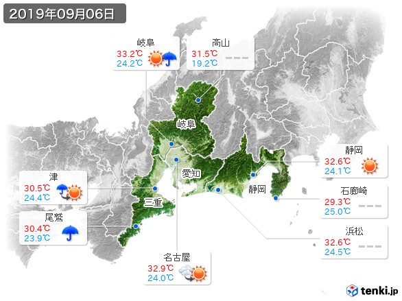 東海地方(2019年09月06日の天気