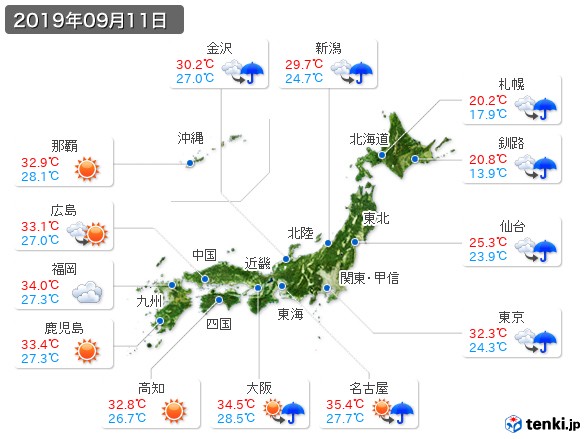 過去の天気 実況天気 19年09月11日 日本気象協会 Tenki Jp