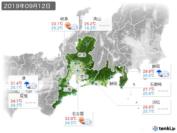 東海地方(2019年09月12日の天気