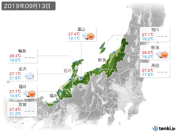 北陸地方(2019年09月13日の天気