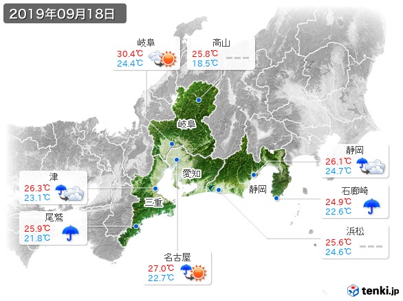 東海地方(2019年09月18日の天気