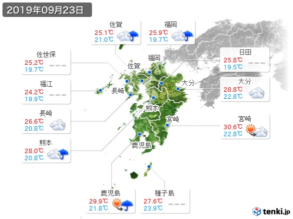 九州地方(2019年09月23日の天気