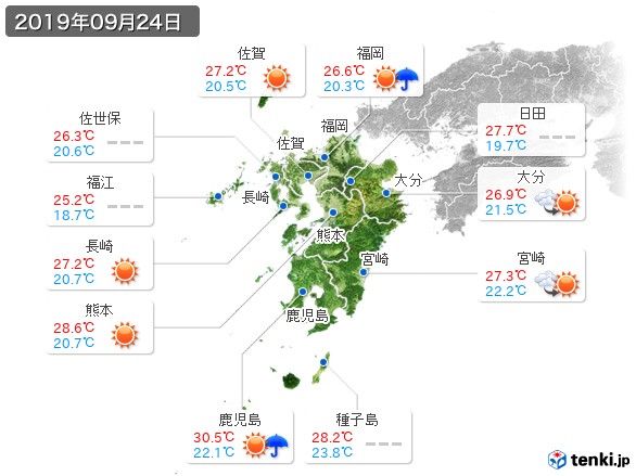 九州地方(2019年09月24日の天気