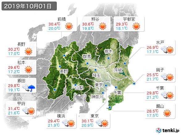 関東・甲信地方(2019年10月01日の天気