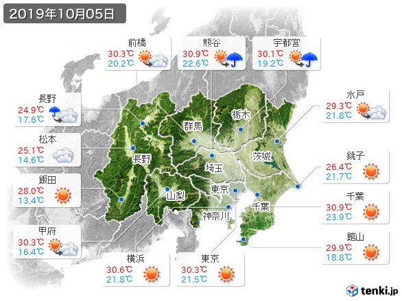 関東・甲信地方(2019年10月05日の天気