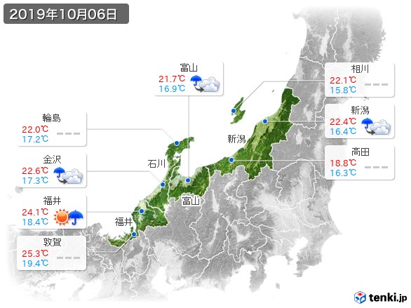 北陸地方(2019年10月06日の天気