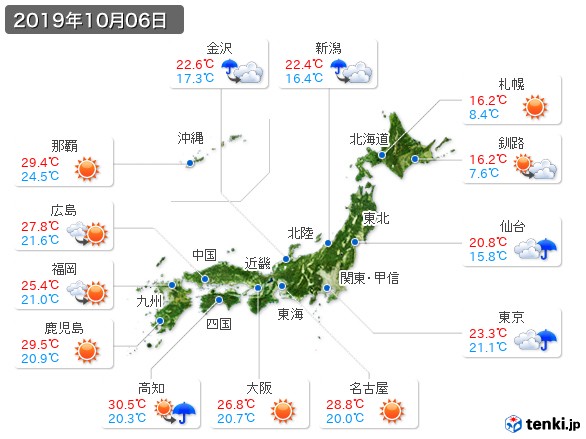 過去の天気 実況天気 19年10月06日 日本気象協会 Tenki Jp