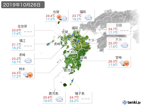 九州地方(2019年10月26日の天気