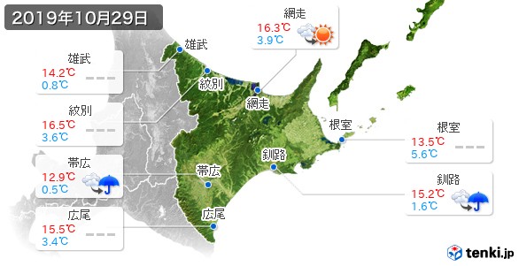 道東(2019年10月29日の天気