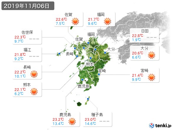 九州地方(2019年11月06日の天気