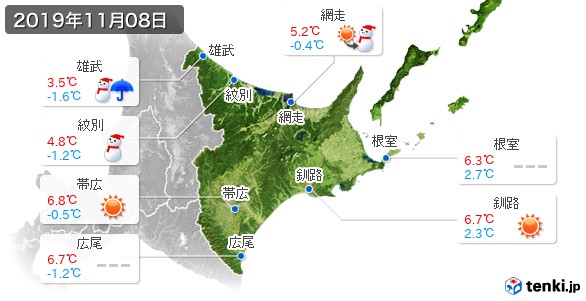 道東(2019年11月08日の天気