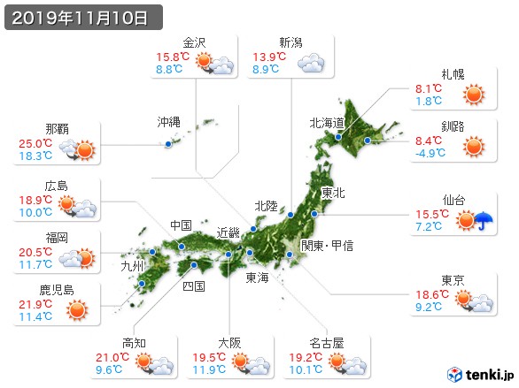 過去の天気 実況天気 19年11月10日 日本気象協会 Tenki Jp