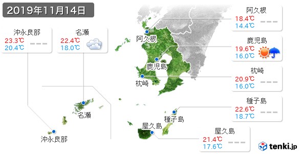 鹿児島県(2019年11月14日の天気