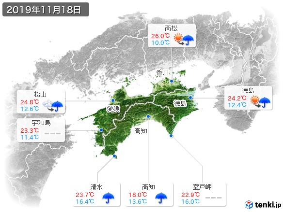 四国地方(2019年11月18日の天気