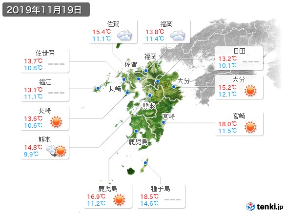 九州地方(2019年11月19日の天気