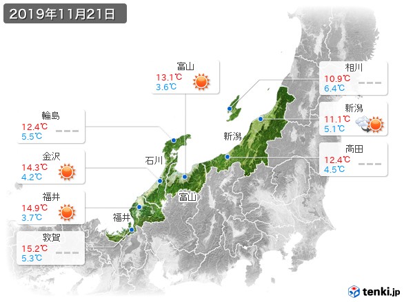 北陸地方(2019年11月21日の天気