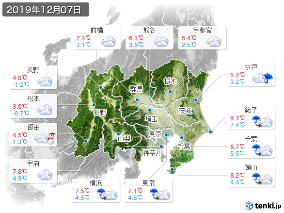 関東・甲信地方(2019年12月07日の天気