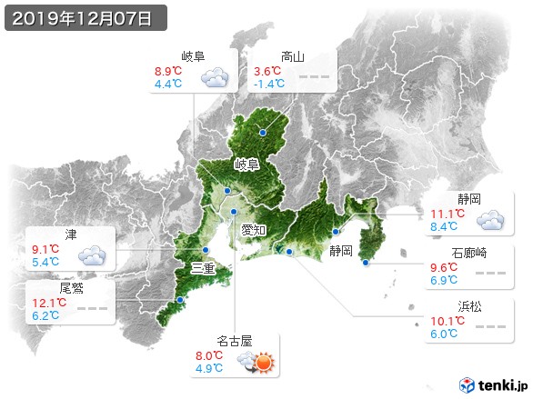 東海地方(2019年12月07日の天気