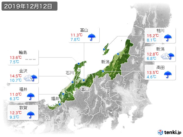 北陸地方(2019年12月12日の天気