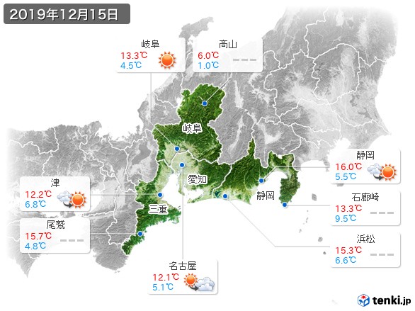 東海地方(2019年12月15日の天気