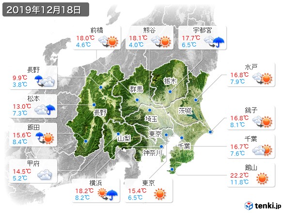 関東・甲信地方(2019年12月18日の天気