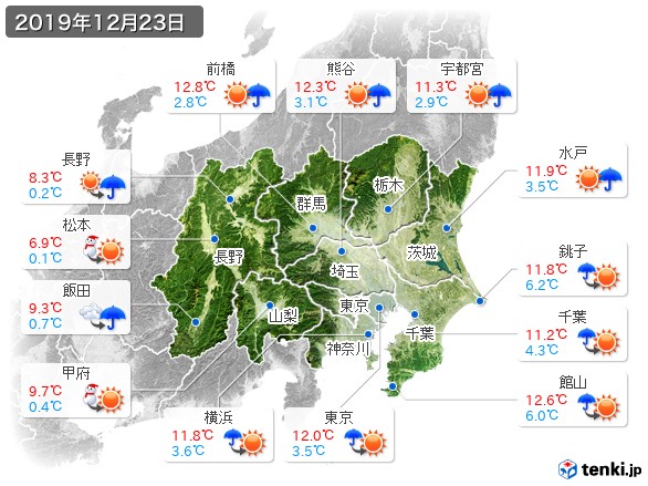 関東・甲信地方(2019年12月23日の天気