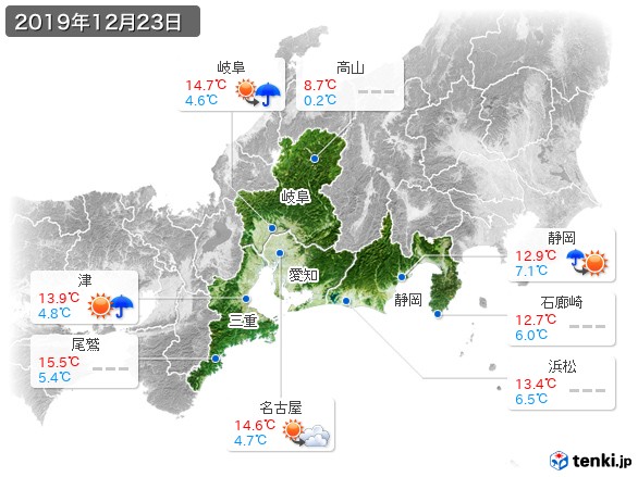 東海地方(2019年12月23日の天気