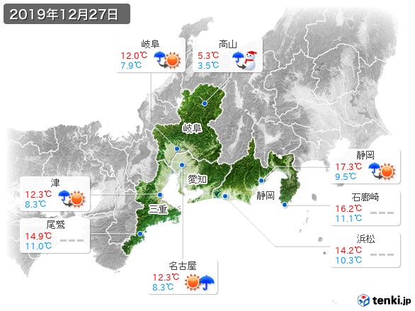 東海地方(2019年12月27日の天気