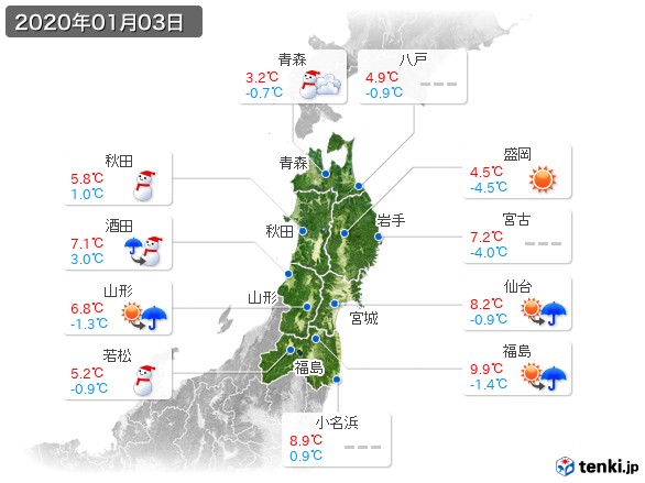 東北地方(2020年01月03日の天気