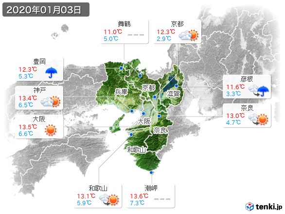 近畿地方(2020年01月03日の天気