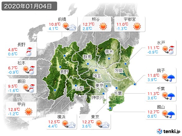 関東・甲信地方(2020年01月04日の天気