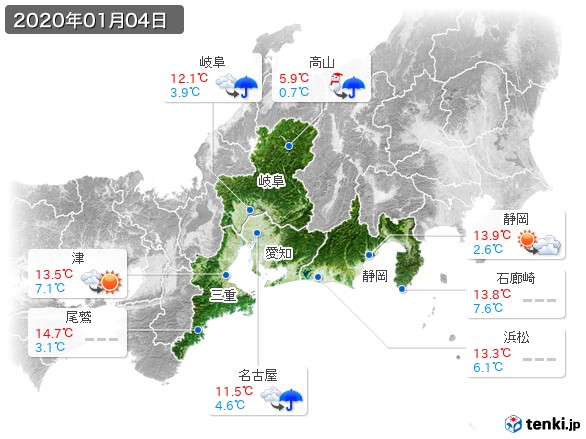 東海地方(2020年01月04日の天気