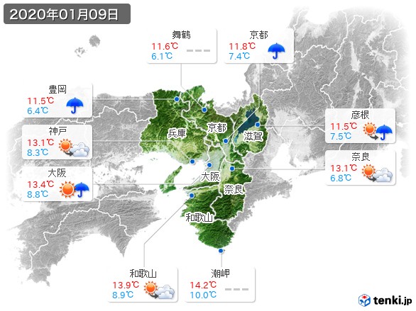 近畿地方(2020年01月09日の天気