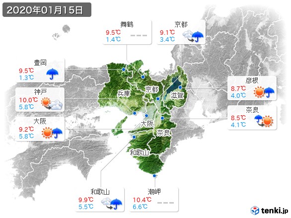 近畿地方(2020年01月15日の天気