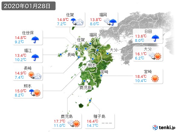 九州地方(2020年01月28日の天気