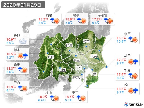 関東・甲信地方(2020年01月29日の天気