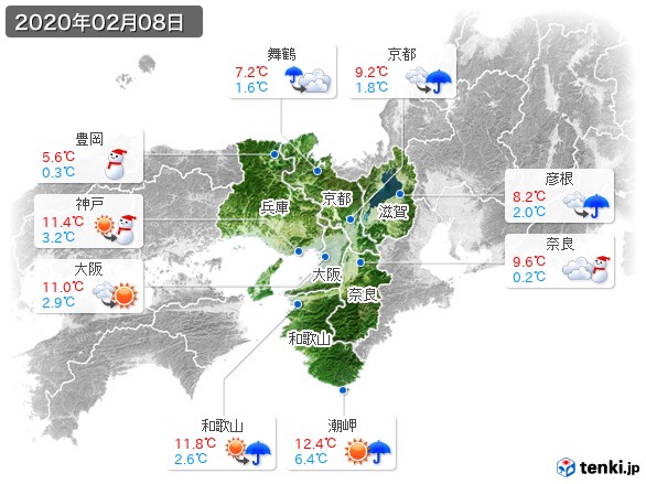 近畿地方(2020年02月08日の天気