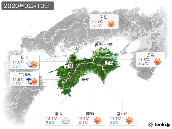 四国地方(2020年02月10日の天気