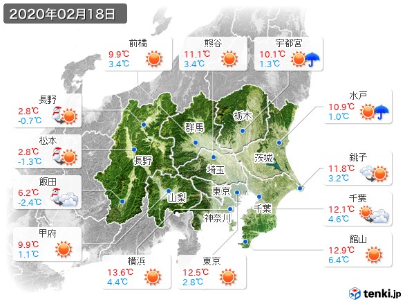 関東・甲信地方(2020年02月18日の天気