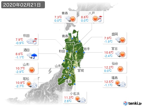 東北地方(2020年02月21日の天気