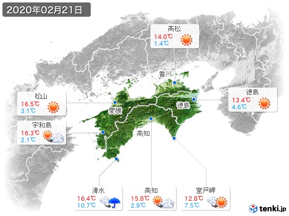 四国地方(2020年02月21日の天気