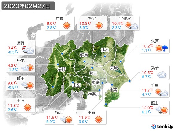 関東・甲信地方(2020年02月27日の天気