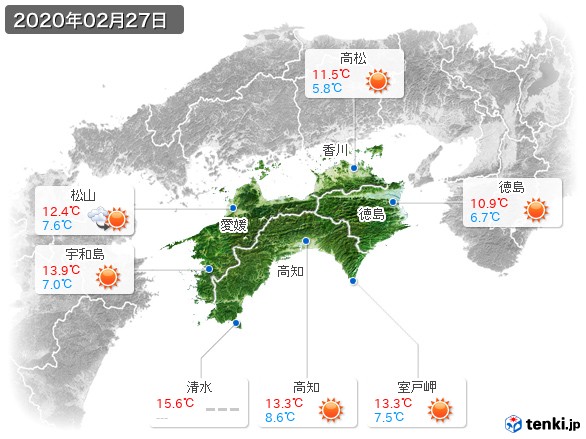 四国地方(2020年02月27日の天気