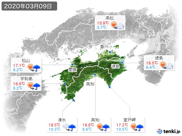 四国地方(2020年03月09日の天気