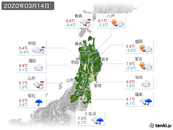 東北地方(2020年03月14日の天気