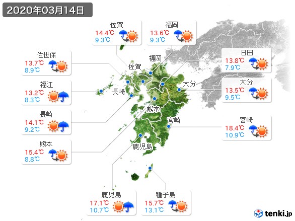 九州地方(2020年03月14日の天気